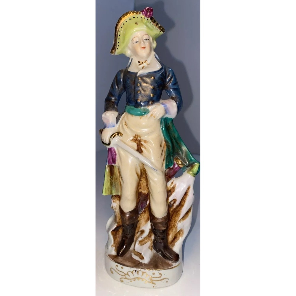 Vintage Porcelain Colonial Man Figurine Made in Japan Blue Coat Tricorn Hat 6in